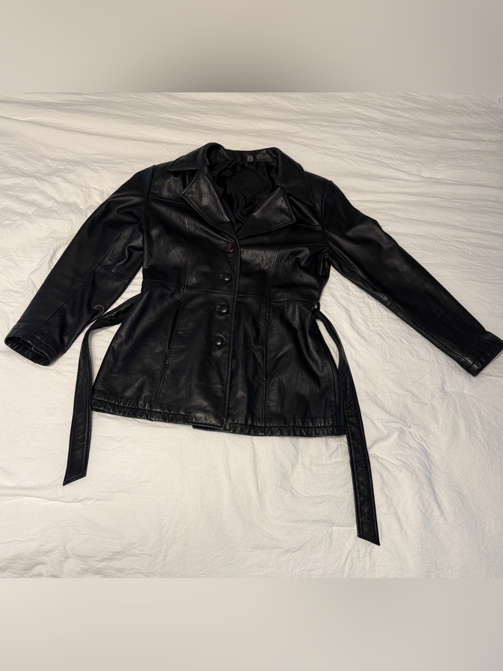 Vintage Jacqueline Ferrar Black Leather Jacket Belted Trench Coat Y2K 90s - Picture 5 of 16